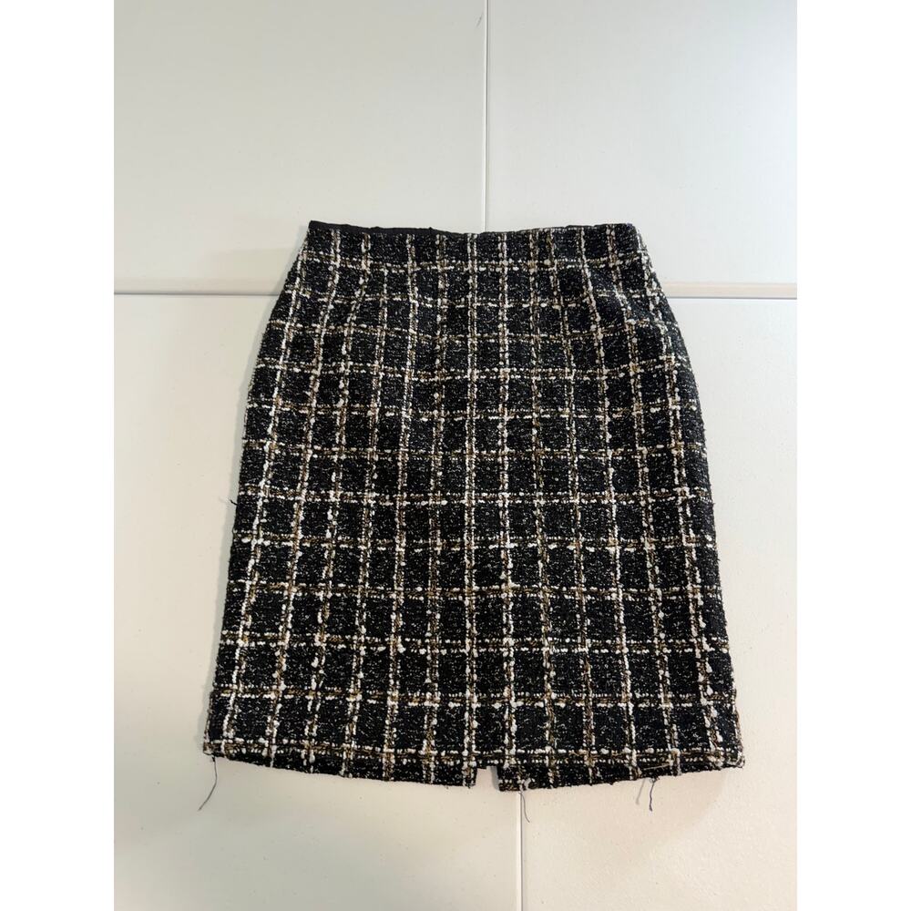 Calvin Klein Black Gold Tweed Boucle Pencil Skirt Raw Hem Back Slit
